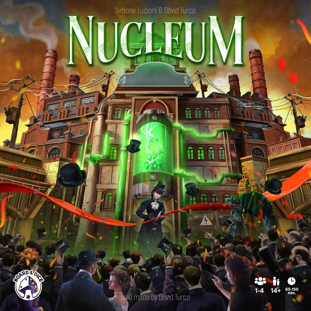 A crowd gathers before a grand building with glowing green tubes. At the center, a person in a top hat raises their hat as the “Nucleum Bundle” by Board & Dice lights up in bright green letters above.