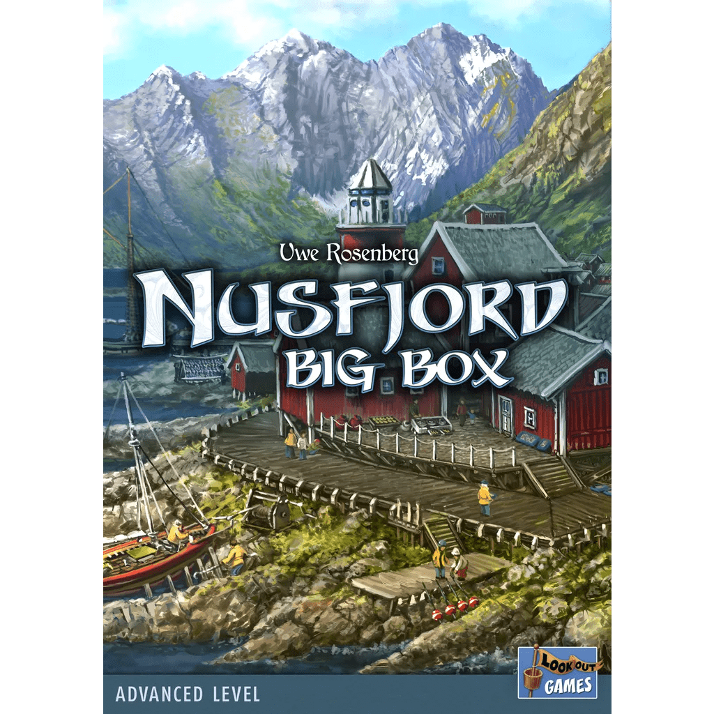 Cover art for Nusfjord: Big Box by Lookout Games features a Lofoten fishing village with red wooden houses, a dock, moored boat, and snowy mountains in the background.