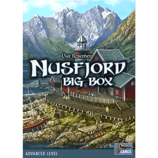 Cover art for Nusfjord: Big Box by Lookout Games features a Lofoten fishing village with red wooden houses, a dock, moored boat, and snowy mountains in the background.