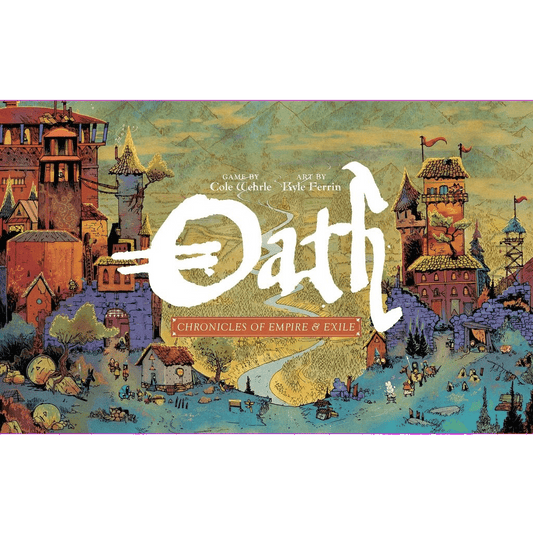 The illustrated cover of Oath: Chronicles of Empire and Exile by Leder Games shows a medieval town with towers, houses, people, the game’s title, and credits for the designer and artist.