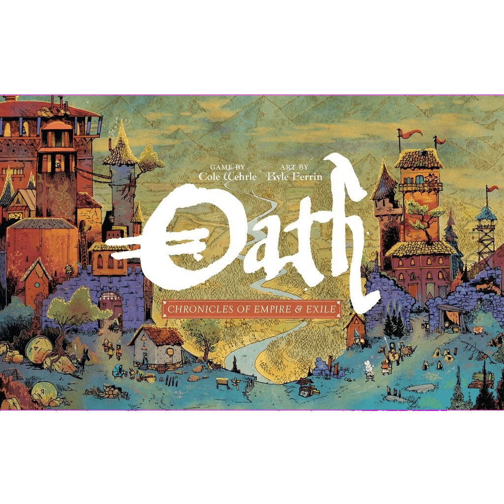 The illustrated cover of Oath: Chronicles of Empire and Exile by Leder Games shows a medieval town with towers, houses, people, the game’s title, and credits for the designer and artist.