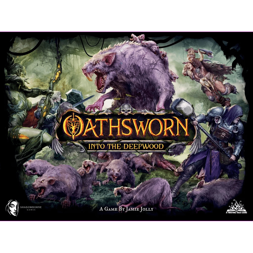The Oathsworn: Into the Deepwood (Standee Version Second Edition) box from Shadowborne Games depicts armored heroes fighting monstrous rats and wolves in a dark forest, hinting at narrative miniature combat and a sprawling campaign inside.