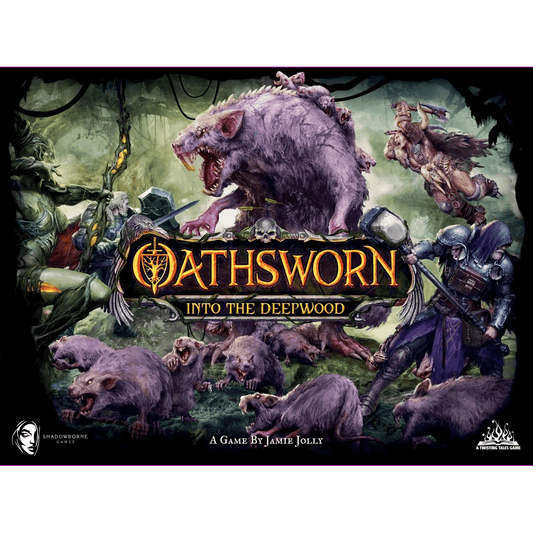 The Oathsworn: Into the Deepwood (Standee Version Second Edition) box from Shadowborne Games depicts armored heroes fighting monstrous rats and wolves in a dark forest, hinting at narrative miniature combat and a sprawling campaign inside.