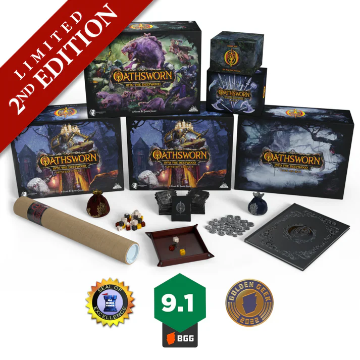 A display of Oathsworn: Into the Deepwood (Collector's All-In Pledge Second Edition) by Shadowborne Games, a narrative miniatures game with boxes, dice, figures, coins, map, app integration, awards, and a 9.1 BGG rating.