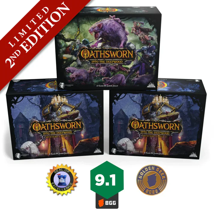 Three Oathsworn: Into the Deepwood (Core Pledge Second Edition) boxes by Shadowborne Games stacked, with fantasy art, a 9.1 BGG rating, Seal of Excellence, 2022 Golden Geek Award badges, and a red Limited 2nd Edition banner.