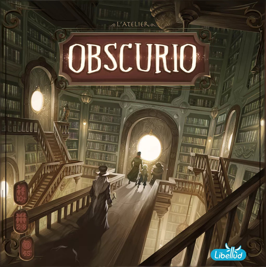 Cover art for Obscurio by Libellud, an image-based communication game, depicts three figures in a magical library with bookshelves and staircases, a glowing circular window, and a mysterious atmosphere hinting at a fantastical family adventure.