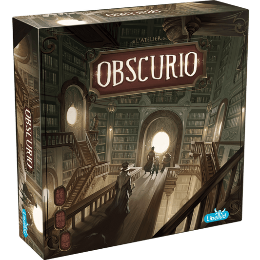 Box cover of Libellud's "Obscurio NL/FR" board game shows a grand library with towering bookshelves, winding stairs, and shadowy figures near a glowing doorway—evoking its traitor mechanic. The title stands out above.