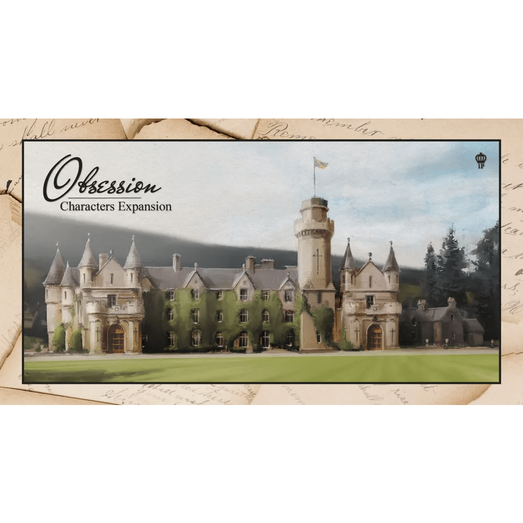 A grand Victorian mansion with turrets and ivy nestles among hills—a perfect country estate setting. Text reads "Obsession: Characters Expansion" in elegant script for Kayenta Games' Obsession board game.