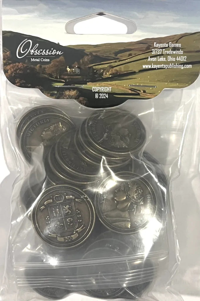 A clear plastic bag labeled "Obsession: Metal Coins" from Kayenta Games contains several Victorian-style metal coins with unique designs—perfect for enhancing your board game coin collection.
