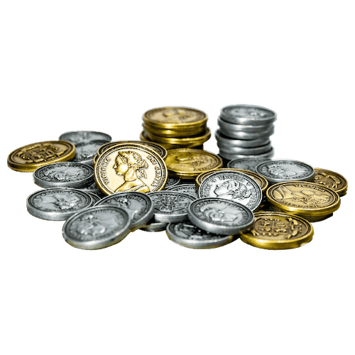 A pile of Obsession: Metal Coins by Kayenta Games, in silver and gold, some stacked and some scattered, featuring embossed designs reminiscent of Victorian-era coins, displayed on a white background.
