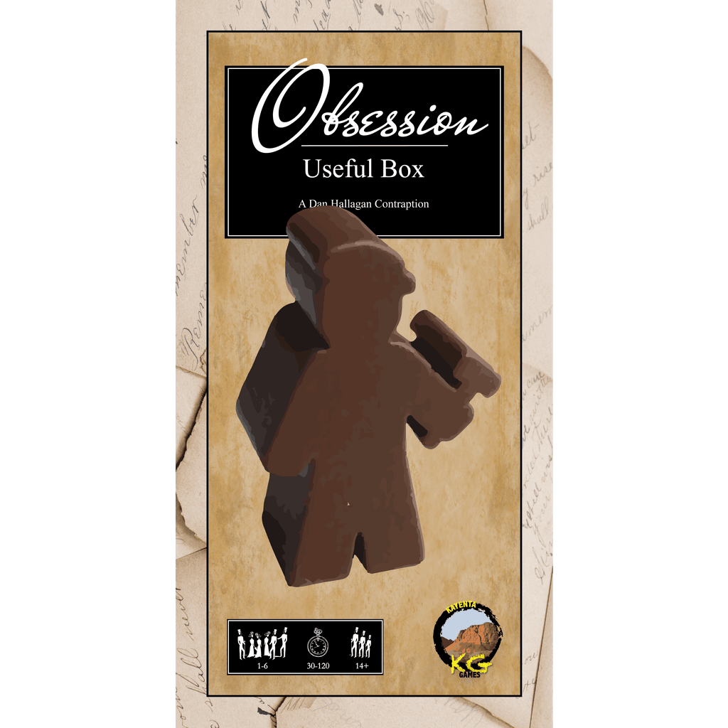The image shows the box cover for Obsession: Useful Box Expansion by Kayenta Games, with a brown game piece holding an object, cursive text, icons for 1-6 players, ages 14+, 30-120 min playtime, and mentions of Gentry cards and Improvement Tiles.