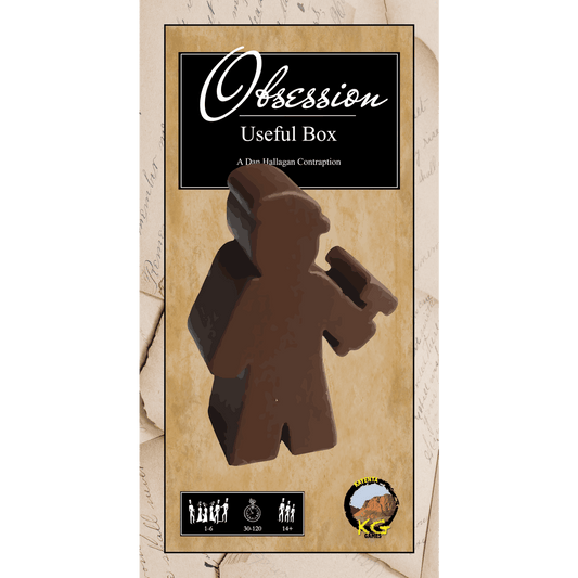 The image shows the box cover for Obsession: Useful Box Expansion by Kayenta Games, with a brown game piece holding an object, cursive text, icons for 1-6 players, ages 14+, 30-120 min playtime, and mentions of Gentry cards and Improvement Tiles.