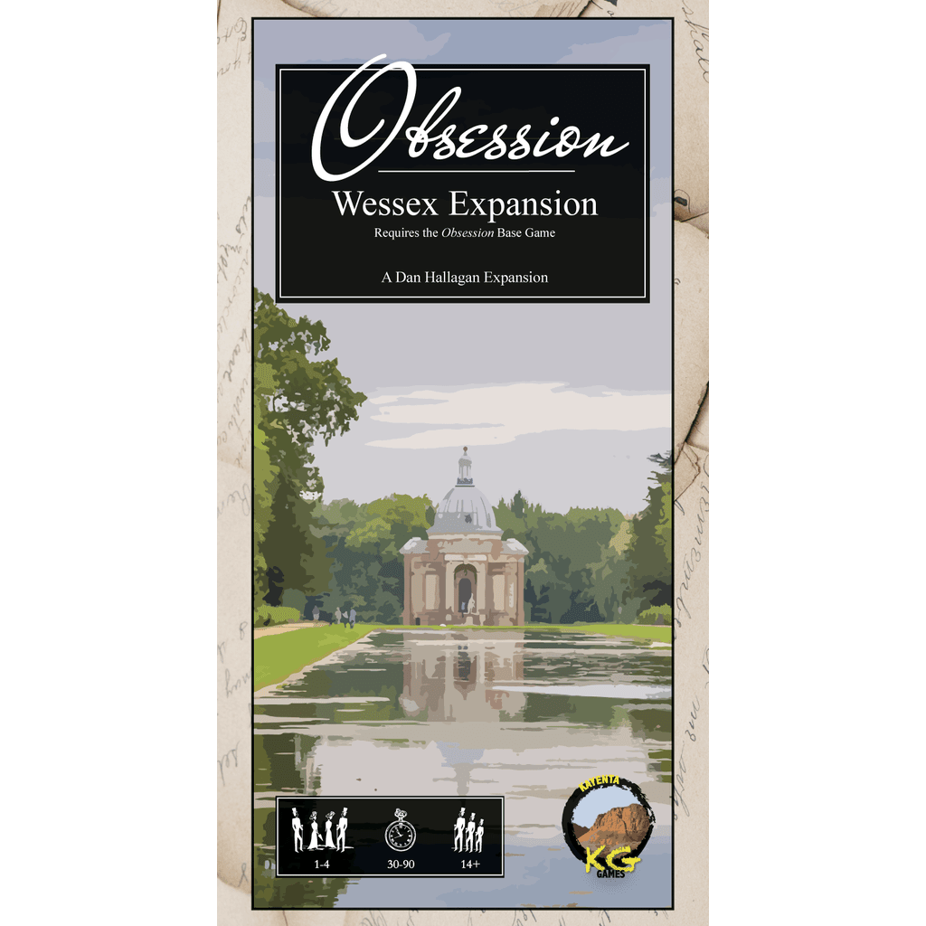 The Obsession: Wessex Expansion box cover by Kayenta Games depicts people strolling by a reflective pond near a domed building and lush trees—a wonderful addition to your family board game collection.