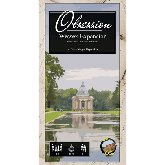 The Obsession: Wessex Expansion box cover by Kayenta Games depicts people strolling by a reflective pond near a domed building and lush trees—a wonderful addition to your family board game collection.