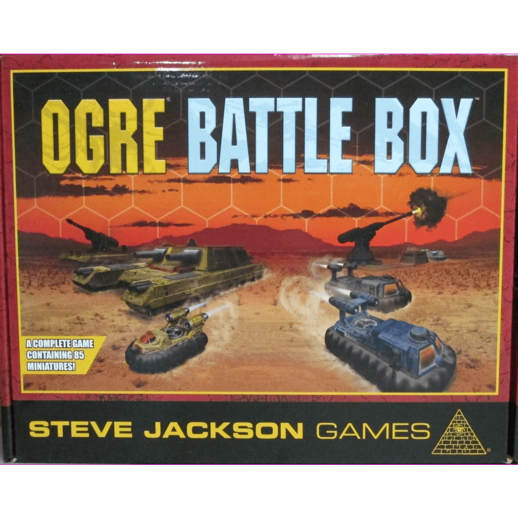 Box cover for Ogre: Battle Box Edition from Steve Jackson Games, showcasing tanks and robots battling in a desert with explosions—ideal for fans of futuristic combat miniatures.