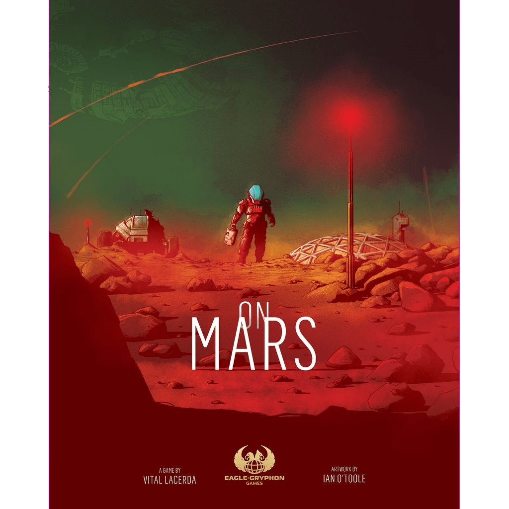A person in a spacesuit walks on the rocky red Martian surface with structures and vehicles behind them, reflecting Mars exploration. "On Mars" is displayed at the bottom center. Product: On Mars by Eagle-Gryphon Games.