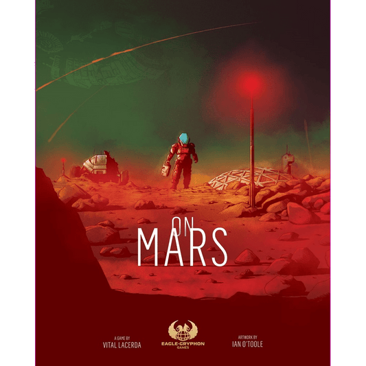 A person in a spacesuit walks on the rocky red Martian surface with structures and vehicles behind them, reflecting Mars exploration. "On Mars" is displayed at the bottom center. Product: On Mars by Eagle-Gryphon Games.