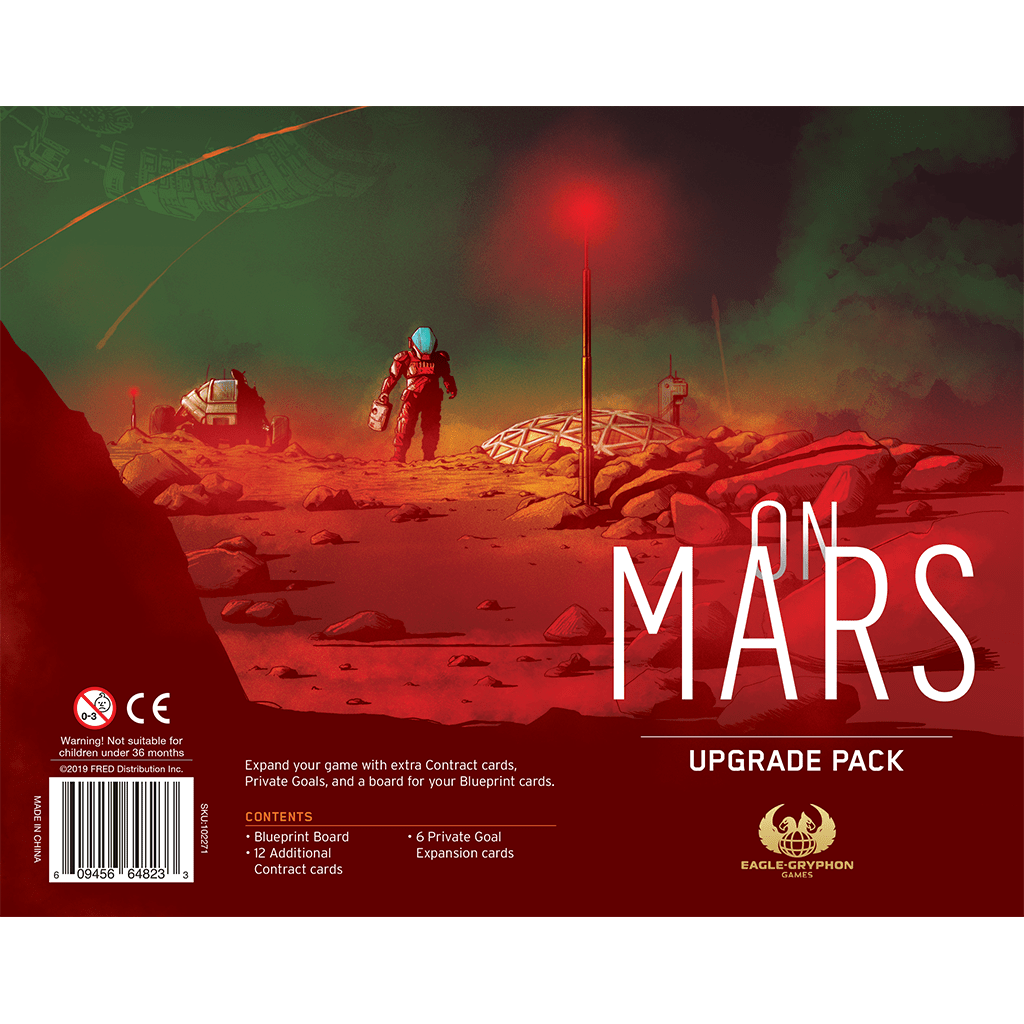 A red-toned Mars landscape with astronauts, domes, and machines under a crimson sky. Text reads On Mars: Upgrade Pack and lists contents like Contract cards. Published by Eagle-Gryphon Games.