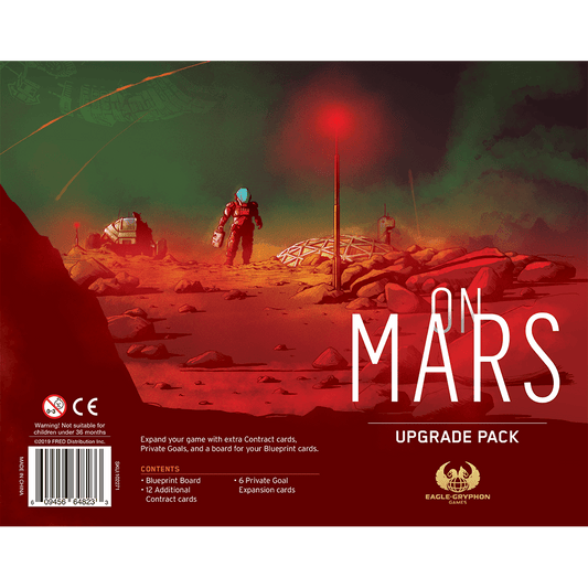 A red-toned Mars landscape with astronauts, domes, and machines under a crimson sky. Text reads On Mars: Upgrade Pack and lists contents like Contract cards. Published by Eagle-Gryphon Games.