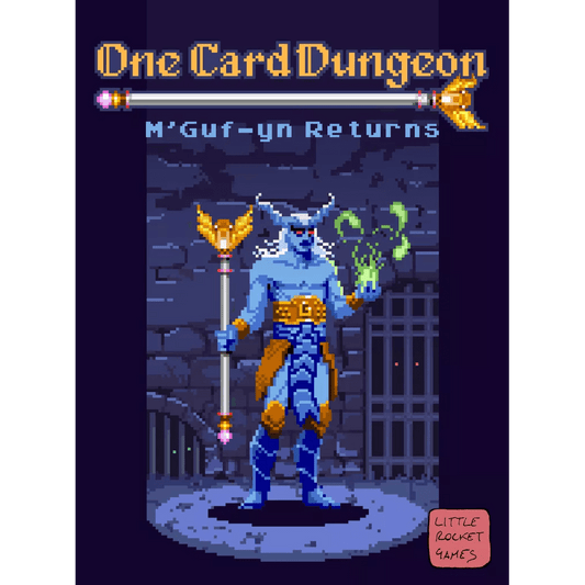 Pixel art cover for One Card Dungeon: M'Guf-yn Returns Expansion. Features a blue, horned boss with glowing staff and green magic before a barred gate. New classes included! Little Rocket Games logo at bottom right.