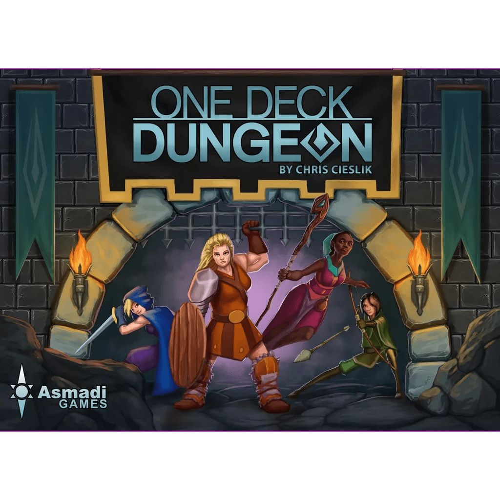 Cover art for One Deck Dungeon by Asmadi Games, featuring four diverse female adventurers in fantasy gear at a stone dungeon entrance with wall torches and the game's title above them.