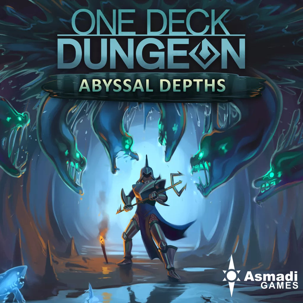 A warrior in armor stands in a glowing cave facing blue sea serpent heads. Above is the title One Deck Dungeon: Abyssal Depths Expansion, with Fiend cards and the Asmadi Games logo at the bottom right.