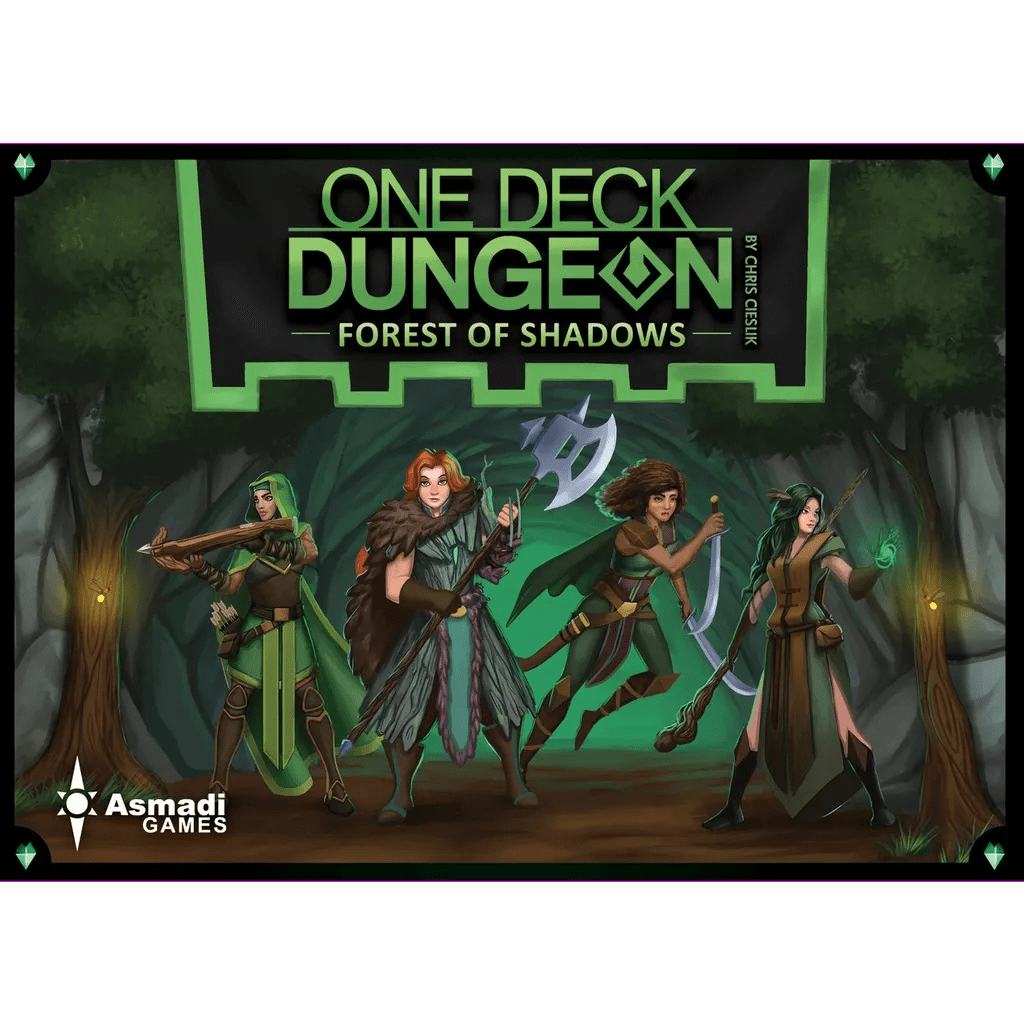 Four heroines in adventurer gear, armed and ready, stand before a cave in a shadowy forest. Above them: "One Deck Dungeon: Forest of Shadows," a roguelike card game from Asmadi Games.