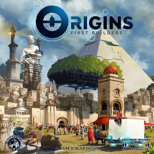 A vibrant cityscape with classical buildings, a giant statue, a pyramid, and a floating island evokes an ancient civilization. People and animals gather beneath the title: Origins: First Builders by Board & Dice.