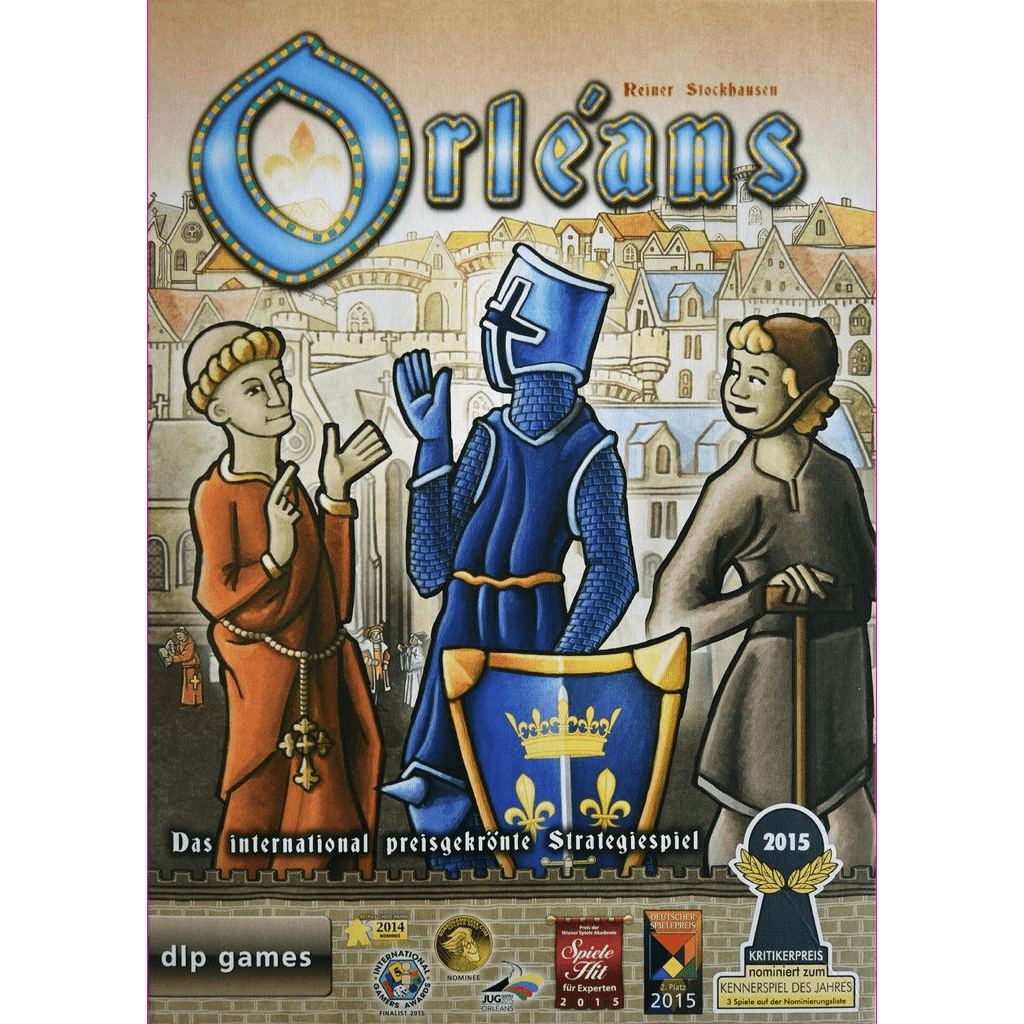 Cover of Orléans EN / DE by DLP Games features a monk, a knight in blue armor, and a merchant conversing before a city backdrop, with awards and the medieval strategy game's title on display.