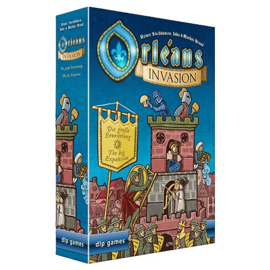 Box cover of Orléans: Invasion Expansion EN / DE by DLP Games, showing medieval characters defending a castle, a blue and gold shield, and banners with the title and cooperative scenario details.