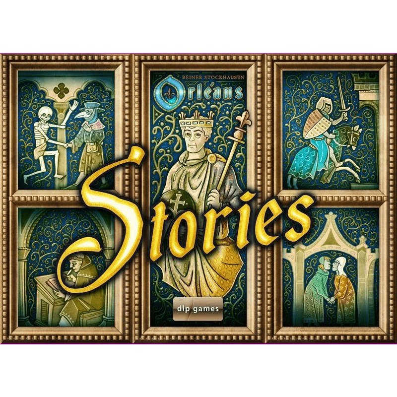 The Orléans Stories board game by DLP Games features a medieval-style cover with knights, royalty, and villagers in ornate frames. The game's enchanting storytelling theme is highlighted by "Orléans Stories" in gold script.