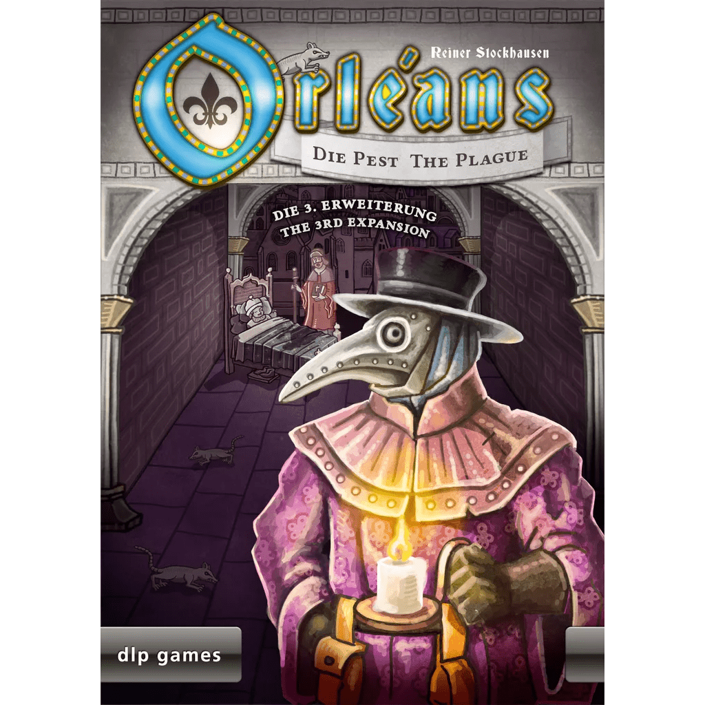 Cover of DLP Games' Orléans: The Plague Expansion EN / DE shows a plague doctor in mask and cloak, with sick people lying in beds in a medieval stone room behind.