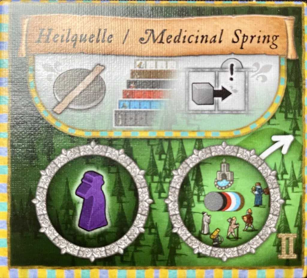 A game tile from Orléans: The Plague Expansion EN / DE by DLP Games shows a stick over colored bars, a square with an exclamation mark, a purple statue, and people collecting water at a spring.