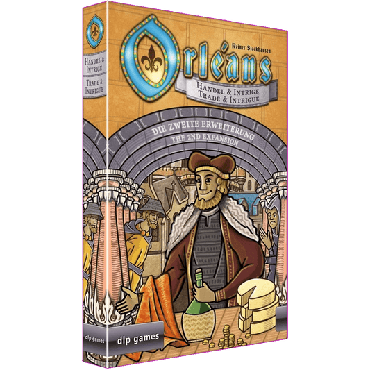Box cover of Orléans: Trade & Intrigue Expansion EN / DE by DLP Games, showing medieval characters trading cheese and coins in an arched marketplace with ships. A captivating board game expansion.