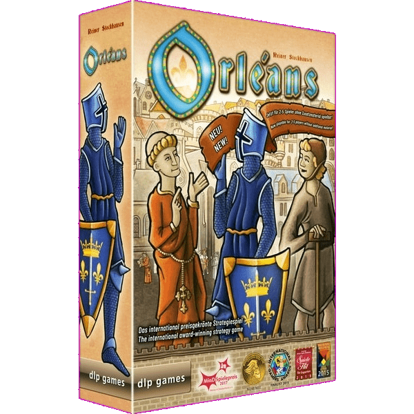 Box cover of Orléans EN / DE (8th Printing, including 5th player materials) by DLP Games features a noblewoman and knights in blue armor before a bustling medieval town, with award logos highlighting this acclaimed strategy game.