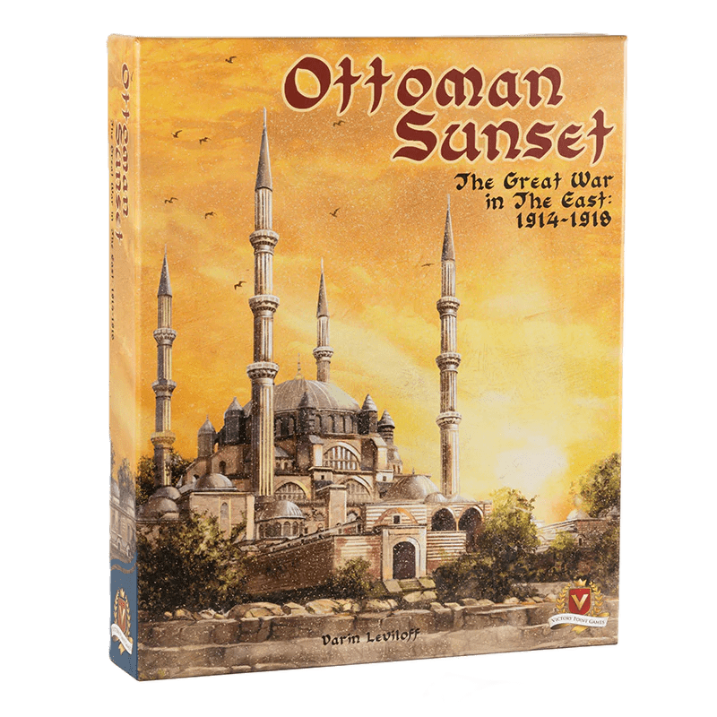 Box of "Ottoman Sunset: The Great War in the Near East" by Victory Point Games, a World War One board game with an illustration of a grand mosque at sunset—ideal for solitaire States of Siege fans.