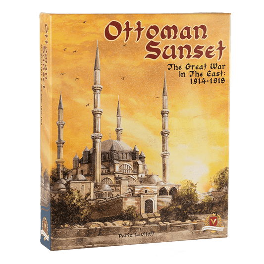 Box of "Ottoman Sunset: The Great War in the Near East" by Victory Point Games, a World War One board game with an illustration of a grand mosque at sunset—ideal for solitaire States of Siege fans.