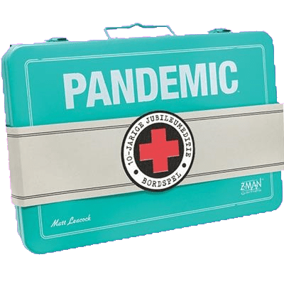 A teal metalen medikit box with PANDEMIC in bold white, a red cross, and "10-Jarige Jubileumeditie Bordspel" text. This is the gelimiteerde Nederlandse uitgave van Z-Man Games: Pandemic 10-jarige Jubileumeditie.