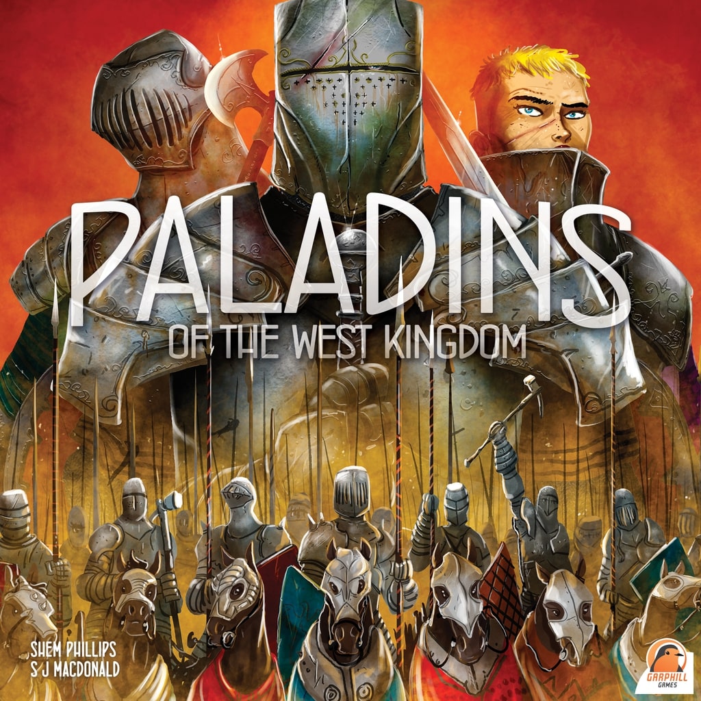 Three armored warriors stand above mounted knights, with bold text reading Paladins of the West Kingdom by Renegade Game Studios over a red-orange backdrop inspired by West Francia.