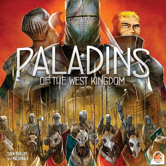 Three armored warriors stand above mounted knights, with bold text reading Paladins of the West Kingdom by Renegade Game Studios over a red-orange backdrop inspired by West Francia.