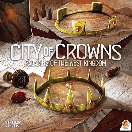 The box cover for Renegade Game Studios’ Paladins of the West Kingdom: City of Crowns Expansion features two golden crowns with red gems, parchment maps, wax seals, quills, and the game’s title prominently displayed at the center.
