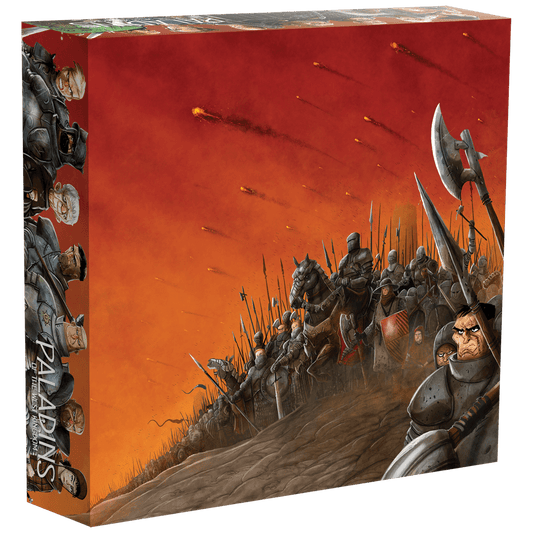 Store your Paladins of the West Kingdom expansions in the Collector's Box by Renegade Game Studios, featuring armored knights beneath a fiery sky with character art on the side—ideal for organizing expansions like Vassals Mini Expansion.