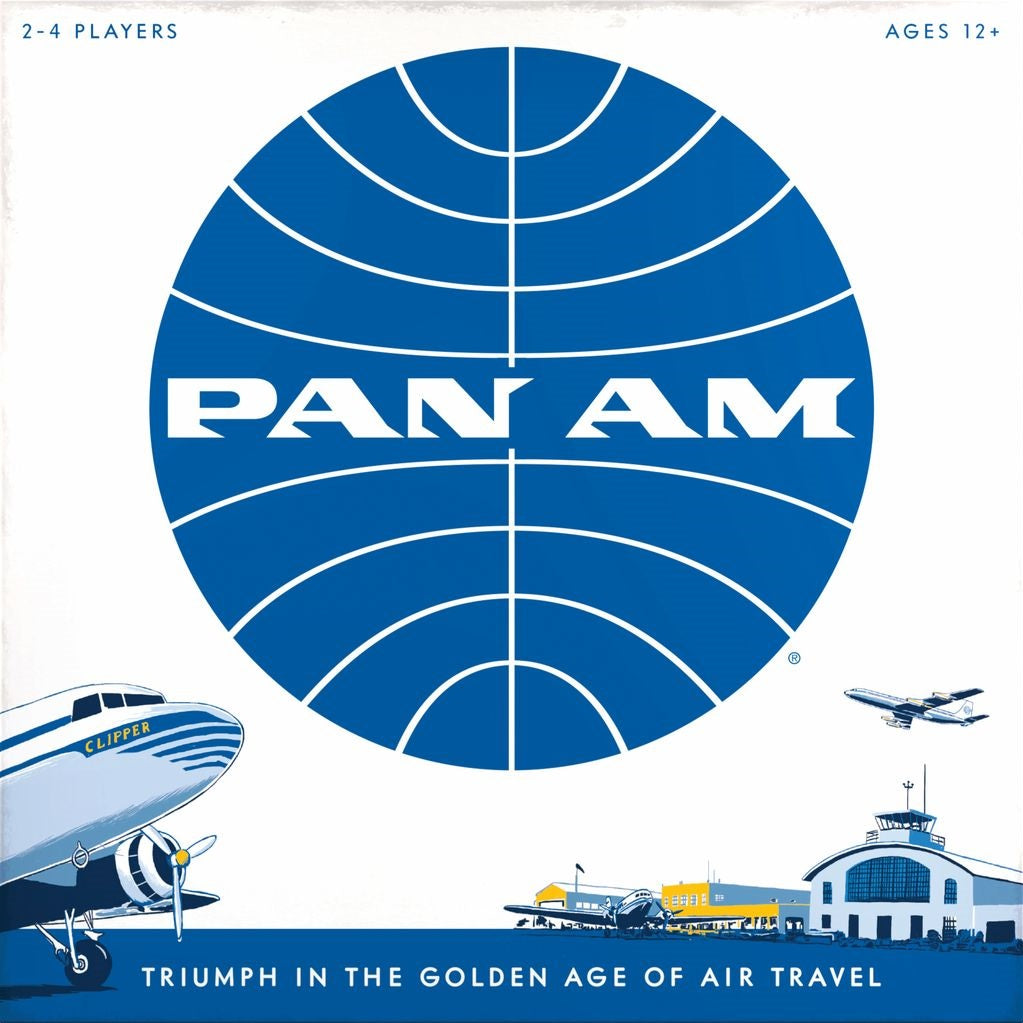 The Pan Am board game by Funko Games features a cover with a blue Pan Am globe logo, vintage planes, and an airport. Build your airline empire in this strategy game for 2-4 players, ages 12+, set in the golden age of air travel.