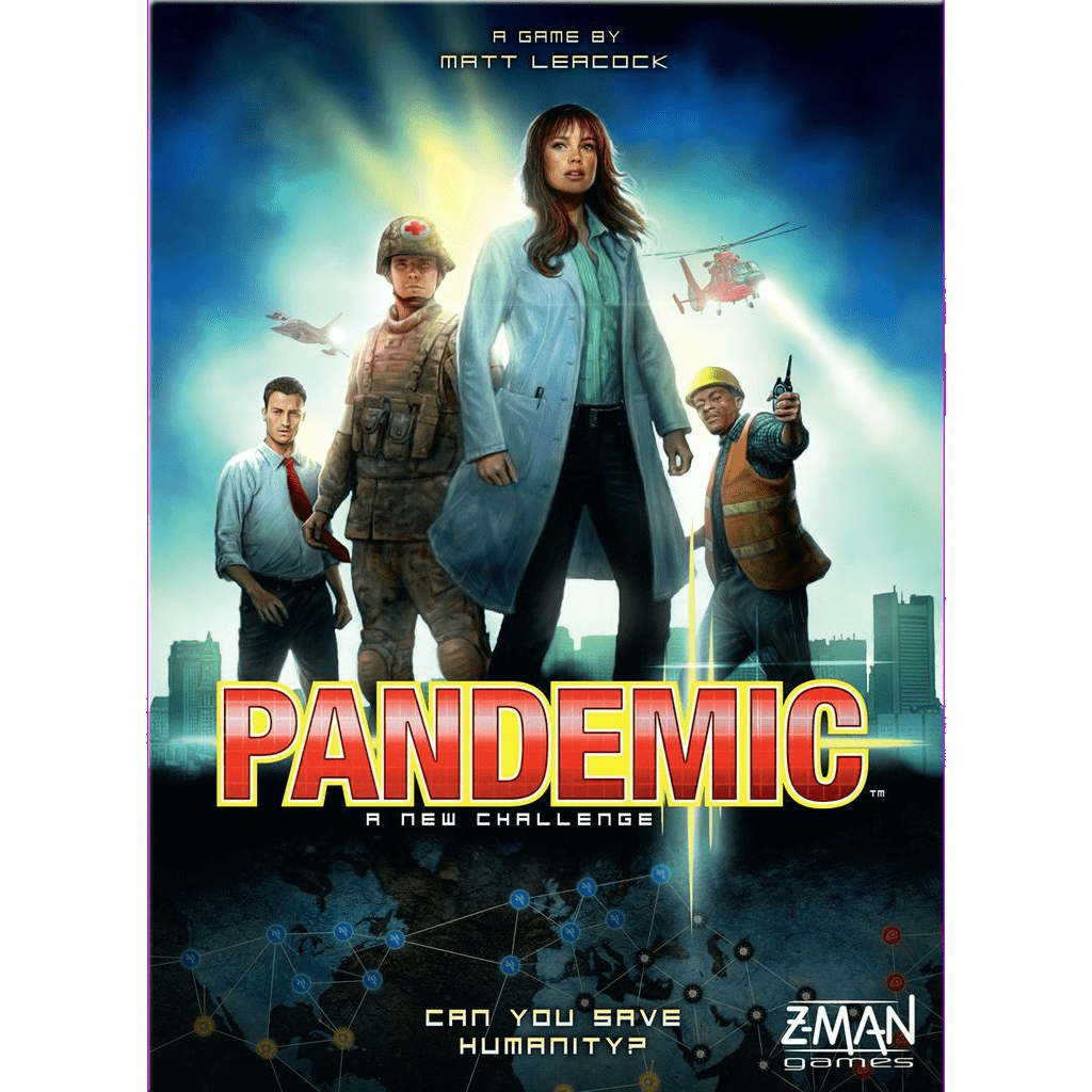 Four people—a doctor, soldier, scientist, and construction worker—stand before a city skyline with helicopters overhead. Pandemic by Z-Man Games is a thrilling cooperative strategy game. Can you save humanity?.