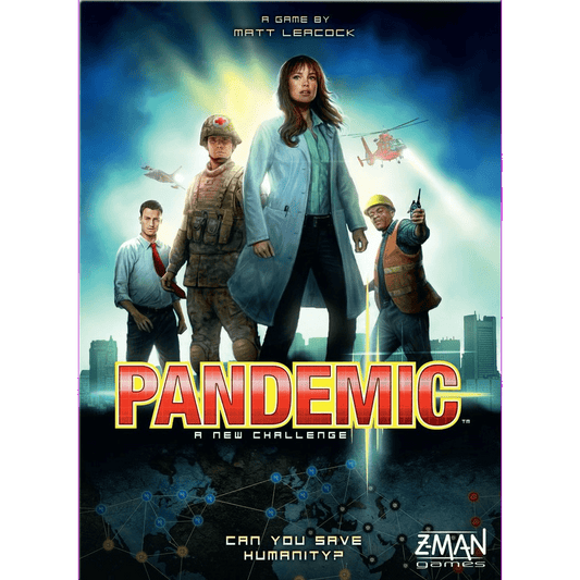 Four people—a doctor, soldier, scientist, and construction worker—stand before a city skyline with helicopters overhead. Pandemic by Z-Man Games is a thrilling cooperative strategy game. Can you save humanity?.
