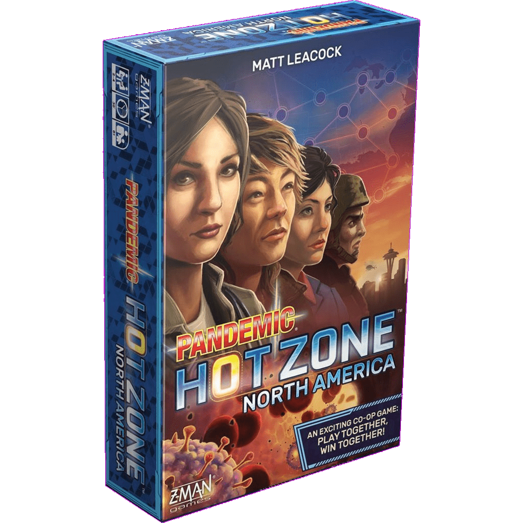 The image shows the box for Pandemic Hot Zone North America by Z-Man Games, featuring four illustrated people on the cover with a map backdrop and game details.