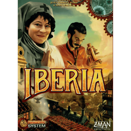 Board game cover for Pandemic: Iberia by Z-Man Games, a historical disease strategy game, shows a smiling nurse, a man examining a vial, Iberian buildings, gears, and the bold red and yellow title IBERIA.