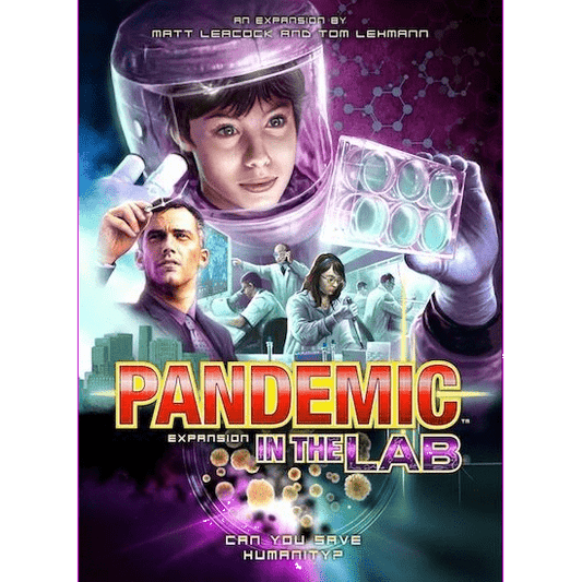 Cover art for Pandemic: In the Lab by Z-Man Games shows a scientist in a hazmat suit with lab equipment, cityscape and medical icons behind them. Bold yellow and red title text appears at the bottom.