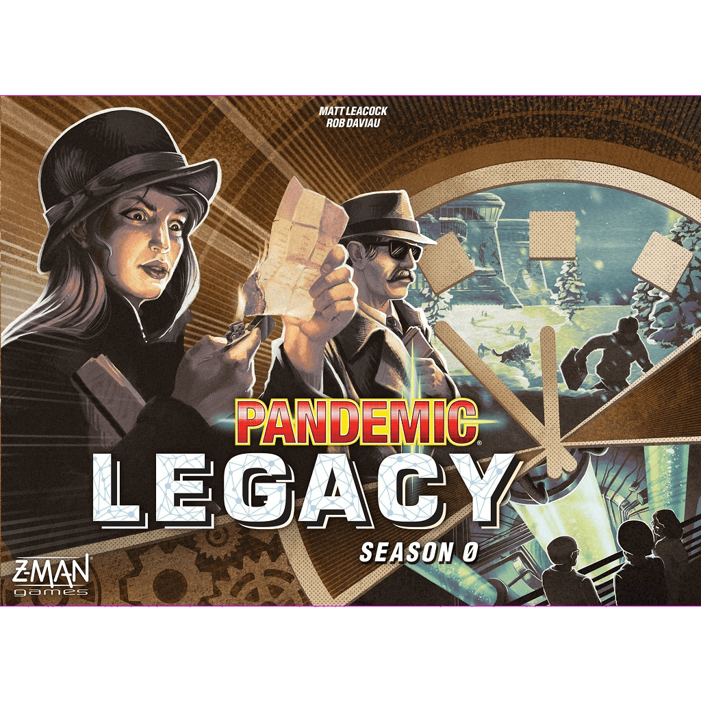 The cover art for Z-Man Games' Pandemic Legacy: Season 0 depicts two agents in trench coats and hats with documents, set against a backdrop featuring a large clock, lab scenes, and a snowy landscape—evoking its Cold War theme.