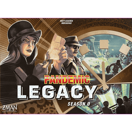 The cover art for Z-Man Games' Pandemic Legacy: Season 0 depicts two agents in trench coats and hats with documents, set against a backdrop featuring a large clock, lab scenes, and a snowy landscape—evoking its Cold War theme.